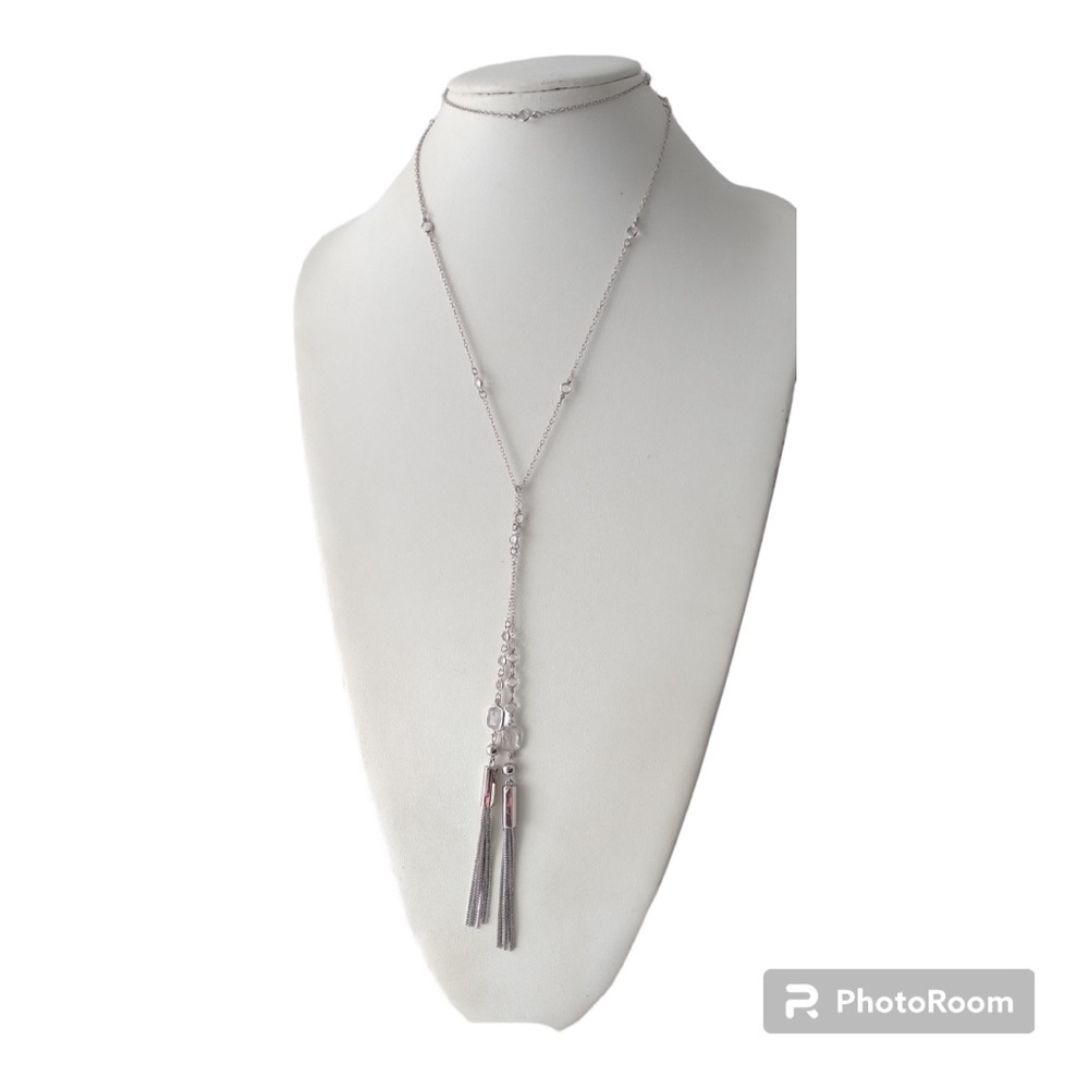 Chico's Silver Lariat Y Tassel Crystal Necklace